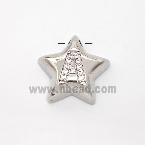 Copper Star Pendant Pave Zirconia Letter-A Large Hole Platinum Plated