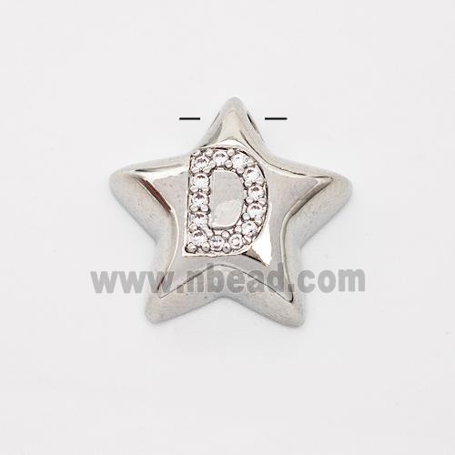 Copper Star Pendant Pave Zirconia Letter-D Large Hole Platinum Plated