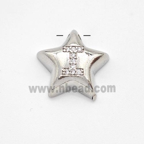 Copper Star Pendant Pave Zirconia Letter-I Large Hole Platinum Plated