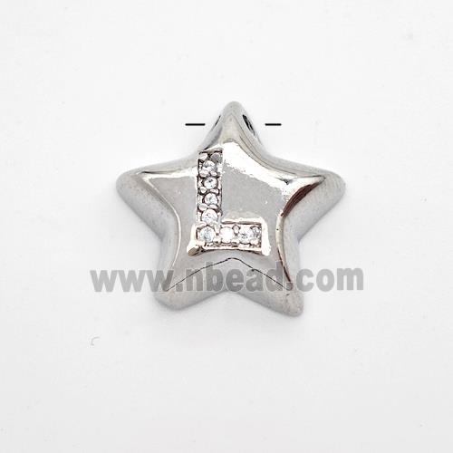 Copper Star Pendant Pave Zirconia Letter-L Large Hole Platinum Plated