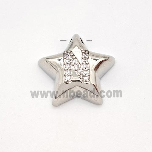 Copper Star Pendant Pave Zirconia Letter-N Large Hole Platinum Plated