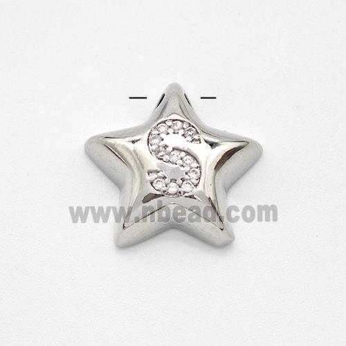 Copper Star Pendant Pave Zirconia Letter-S Large Hole Platinum Plated