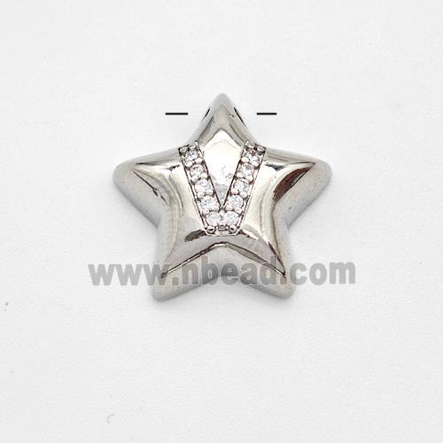 Copper Star Pendant Pave Zirconia Letter-V Large Hole Platinum Plated