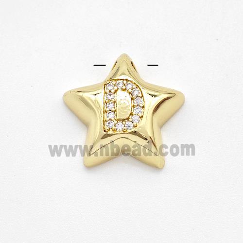 Copper Star Pendant Pave Zirconia Letter-D Large Hole Gold Plated