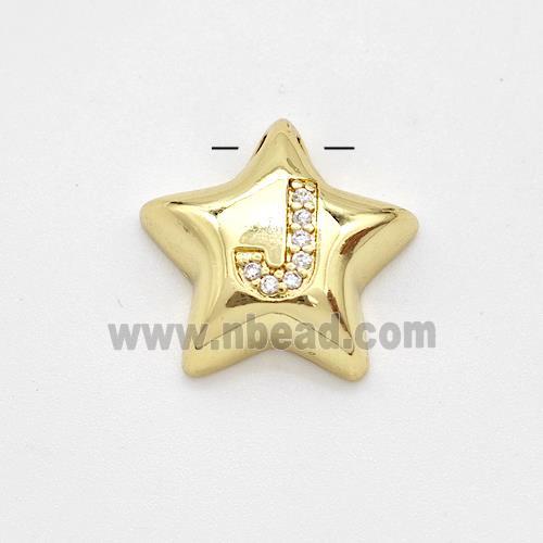 Copper Star Pendant Pave Zirconia Letter-J Large Hole Gold Plated