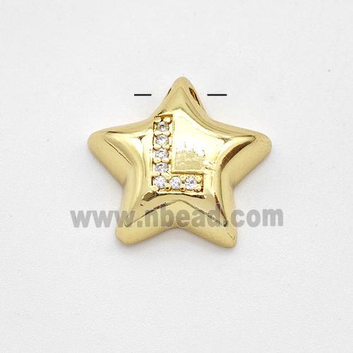 Copper Star Pendant Pave Zirconia Letter-L Large Hole Gold Plated