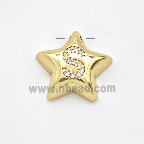 Copper Star Pendant Pave Zirconia Letter-S Large Hole Gold Plated