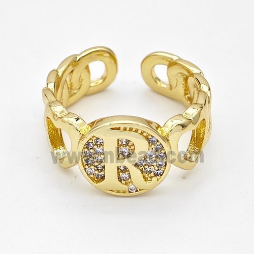 Copper Ring Pave Zirconia Letter-R Gold Plated