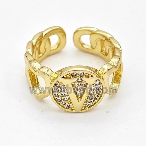 Copper Ring Pave Zirconia Letter-V Gold Plated