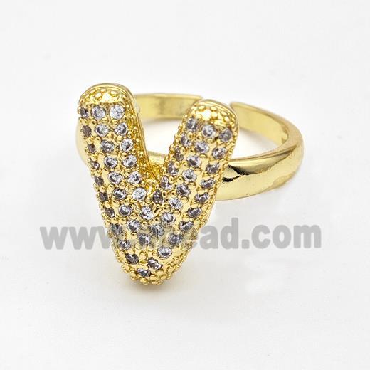 Copper Ring Pave Zirconia Letter-V Gold Plated