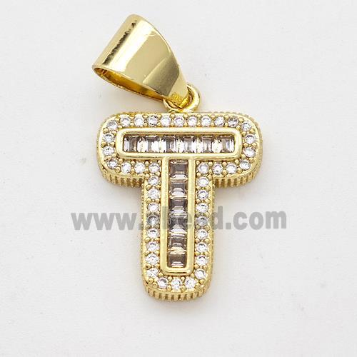 Copper Pendant Pave Zirconia Letter-T Gold Plated