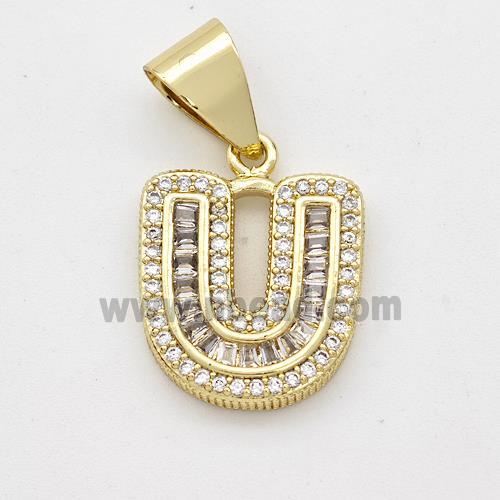 Copper Pendant Pave Zirconia Letter-U Gold Plated