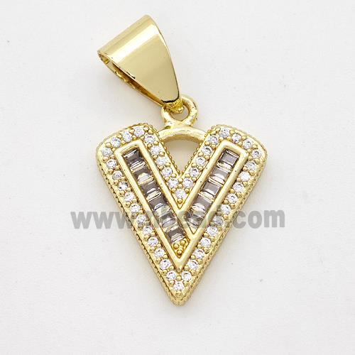 Copper Pendant Pave Zirconia Letter-V Gold Plated