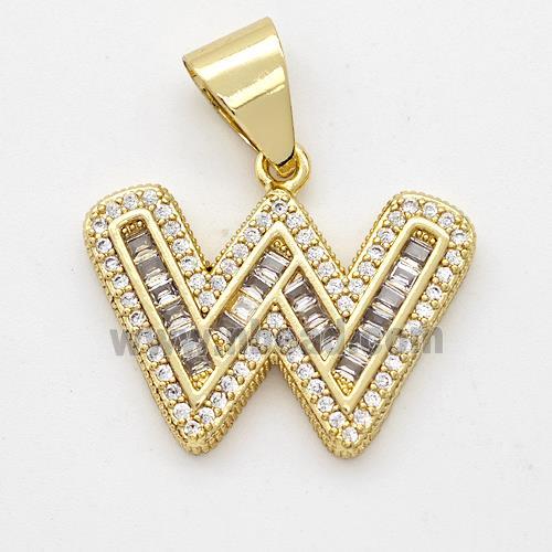 Copper Pendant Pave Zirconia Letter-W Gold Plated