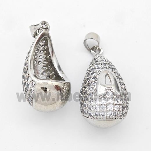 Copper Teardrop Pendant Pave Zirconia Letter-A Hollow Platinum Plated