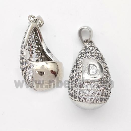 Copper Teardrop Pendant Pave Zirconia Letter-D Hollow Platinum Plated