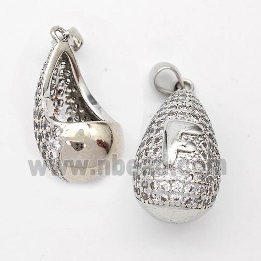 Copper Teardrop Pendant Pave Zirconia Letter-F Hollow Platinum Plated