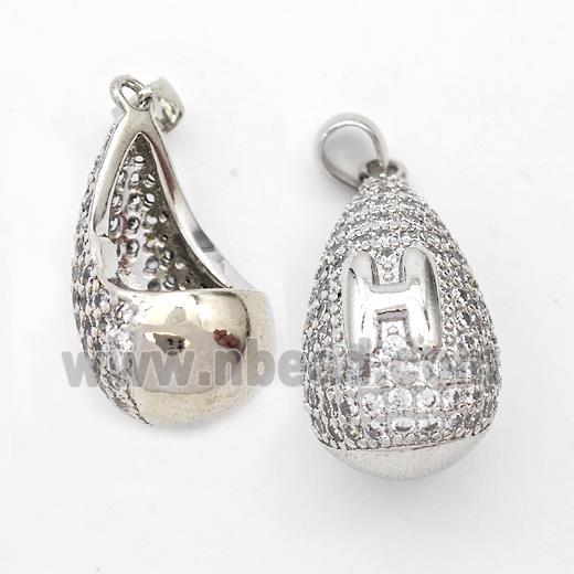 Copper Teardrop Pendant Pave Zirconia Letter-H Hollow Platinum Plated