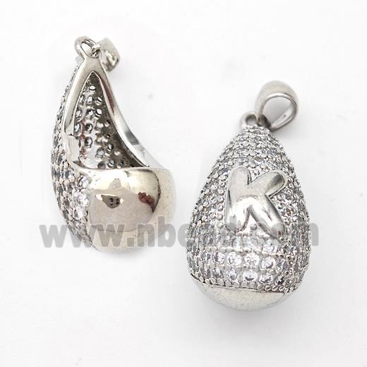 Copper Teardrop Pendant Pave Zirconia Letter-K Hollow Platinum Plated