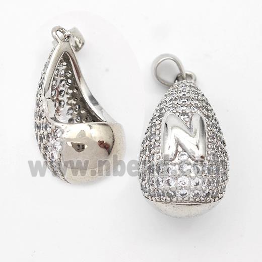 Copper Teardrop Pendant Pave Zirconia Letter-N Hollow Platinum Plated