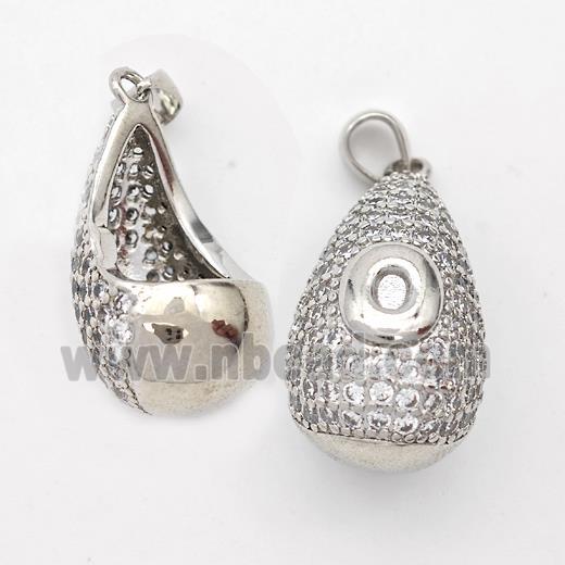 Copper Teardrop Pendant Pave Zirconia Letter-O Hollow Platinum Plated