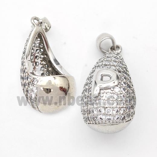 Copper Teardrop Pendant Pave Zirconia Letter-P Hollow Platinum Plated