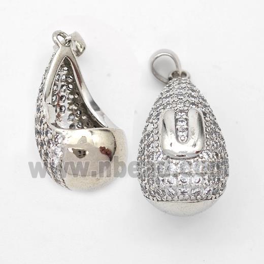 Copper Teardrop Pendant Pave Zirconia Letter-U Hollow Platinum Plated