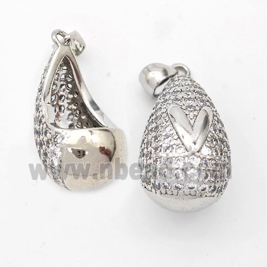 Copper Teardrop Pendant Pave Zirconia Letter-V Hollow Platinum Plated