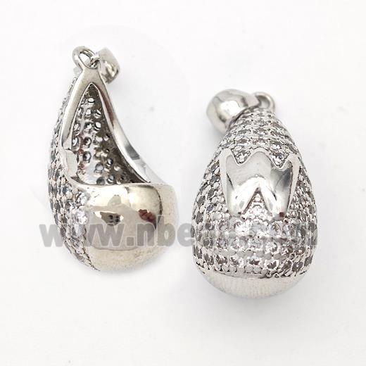 Copper Teardrop Pendant Pave Zirconia Letter-W Hollow Platinum Plated