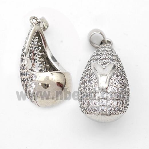 Copper Teardrop Pendant Pave Zirconia Letter-Y Hollow Platinum Plated