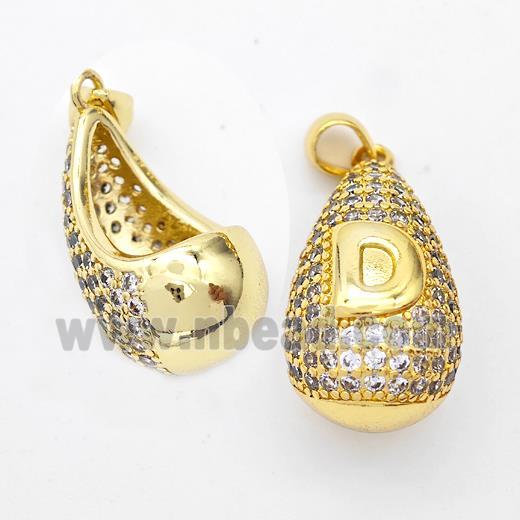 Copper Teardrop Pendant Pave Zirconia Letter-D Hollow Gold Plated