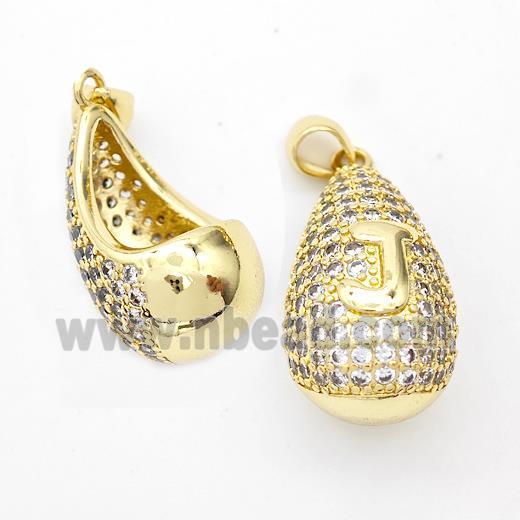 Copper Teardrop Pendant Pave Zirconia Letter-J Hollow Gold Plated