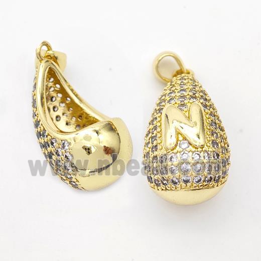 Copper Teardrop Pendant Pave Zirconia Letter-N Hollow Gold Plated