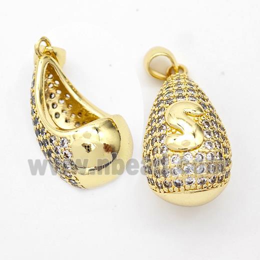 Copper Teardrop Pendant Pave Zirconia Letter-S Hollow Gold Plated