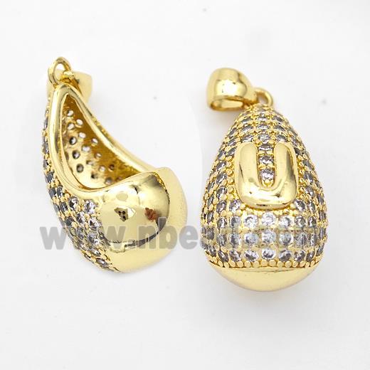 Copper Teardrop Pendant Pave Zirconia Letter-U Hollow Gold Plated