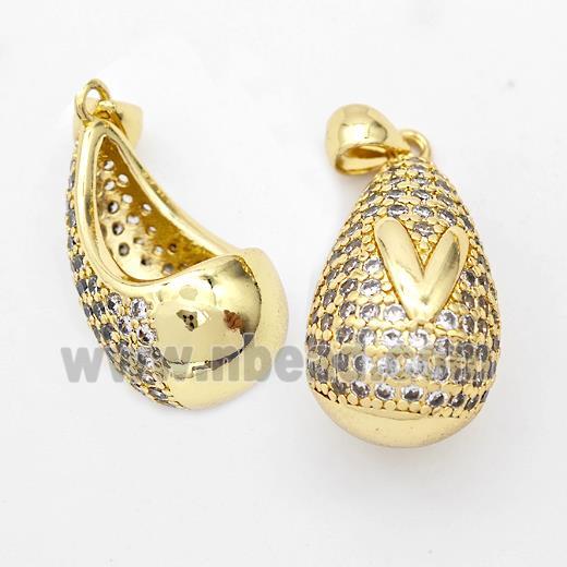 Copper Teardrop Pendant Pave Zirconia Letter-V Hollow Gold Plated