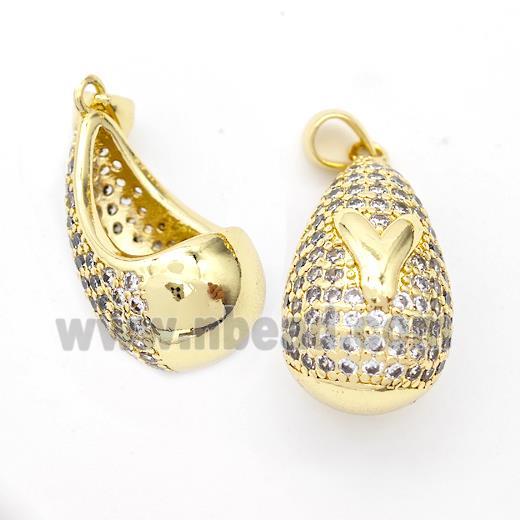 Copper Teardrop Pendant Pave Zirconia Letter-Y Hollow Gold Plated