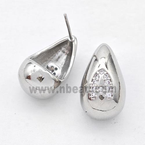 Copper Teardrop Stud Earring Pave Zirconia Letter-A Platinum Plated