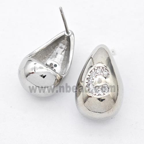 Copper Teardrop Stud Earring Pave Zirconia Letter-C Platinum Plated