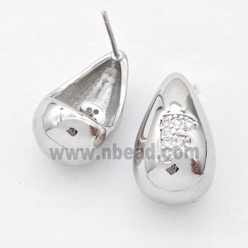 Copper Teardrop Stud Earring Pave Zirconia Letter-F Platinum Plated