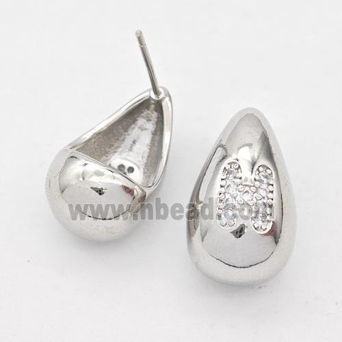 Copper Teardrop Stud Earring Pave Zirconia Letter-H Platinum Plated