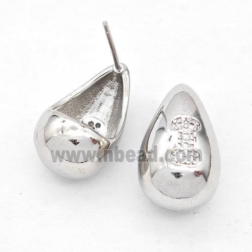 Copper Teardrop Stud Earring Pave Zirconia Letter-I Platinum Plated