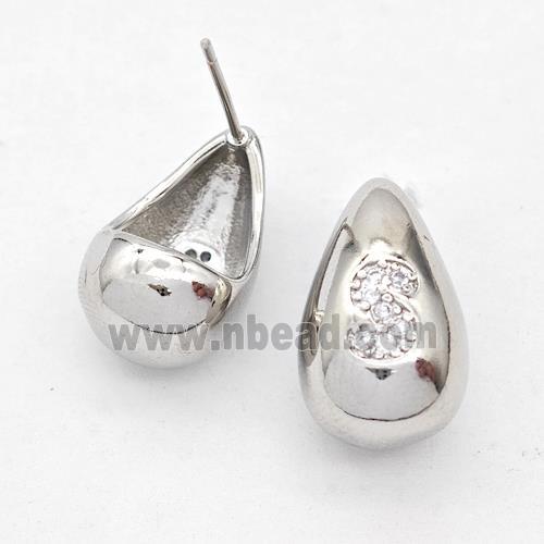 Copper Teardrop Stud Earring Pave Zirconia Letter-S Platinum Plated