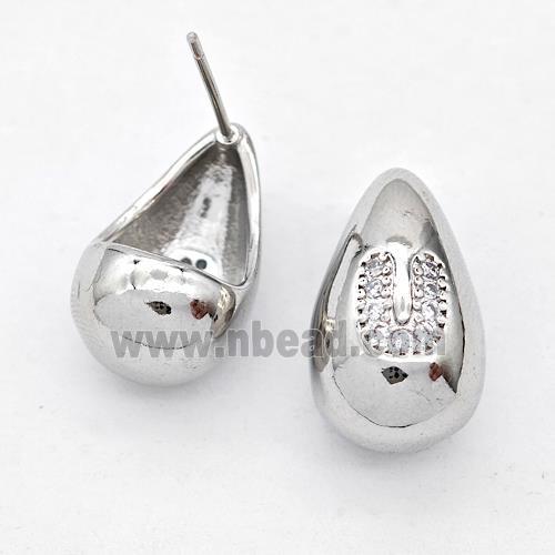 Copper Teardrop Stud Earring Pave Zirconia Letter-U Platinum Plated