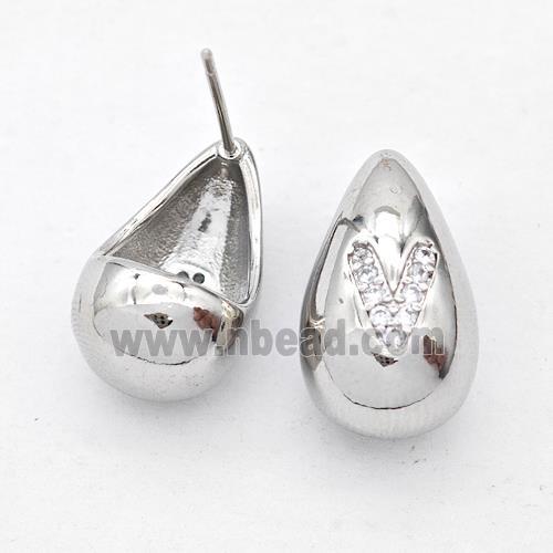 Copper Teardrop Stud Earring Pave Zirconia Letter-V Platinum Plated