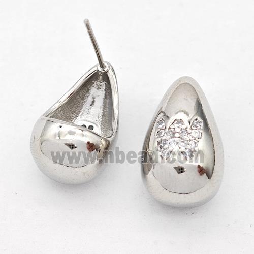 Copper Teardrop Stud Earring Pave Zirconia Letter-W Platinum Plated