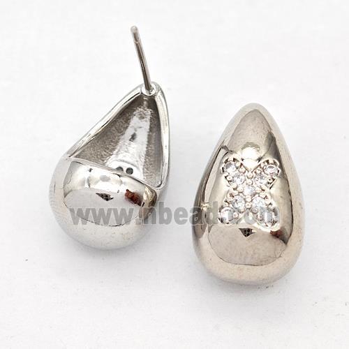 Copper Teardrop Stud Earring Pave Zirconia Letter-X Platinum Plated