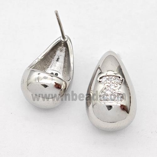 Copper Teardrop Stud Earring Pave Zirconia Letter-Z Platinum Plated