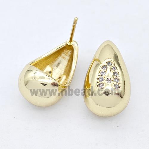 Copper Teardrop Stud Earring Pave Zirconia Letter-A Gold Plated