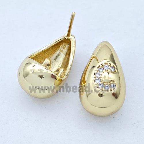 Copper Teardrop Stud Earring Pave Zirconia Letter-C Gold Plated